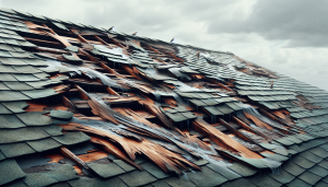 Image of a damaged roof with missing shingles and water damage