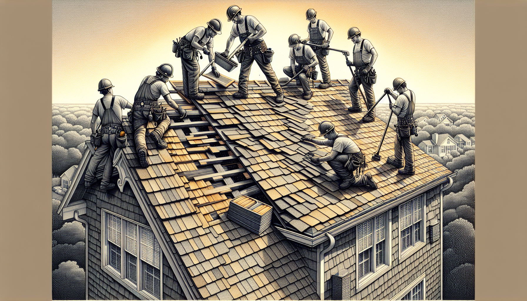 Illustration of a reputable roofing company working on a roof replacement